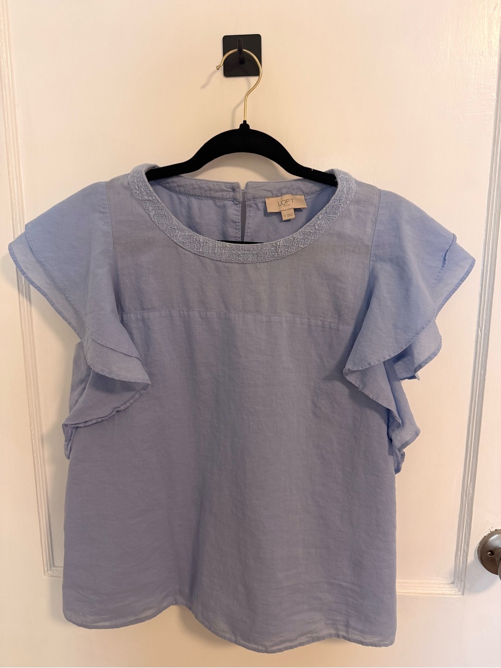 LOFT Pale Blue Ruffle Sleeve Linen-Blend Blouse